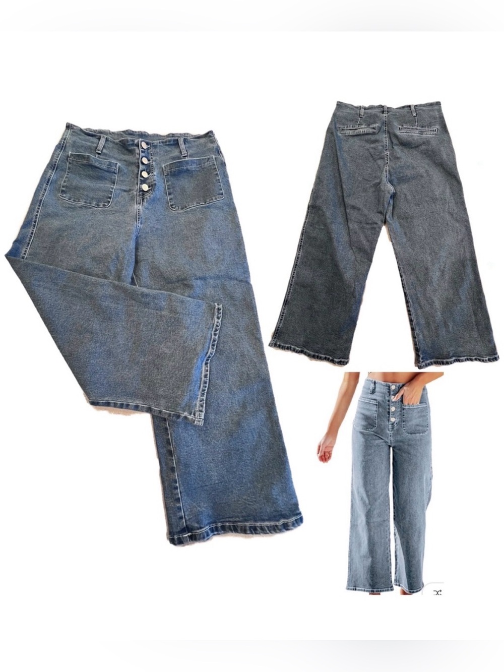 Wide Straight Leg Button up Stretchy Denim Jeans Sz 14